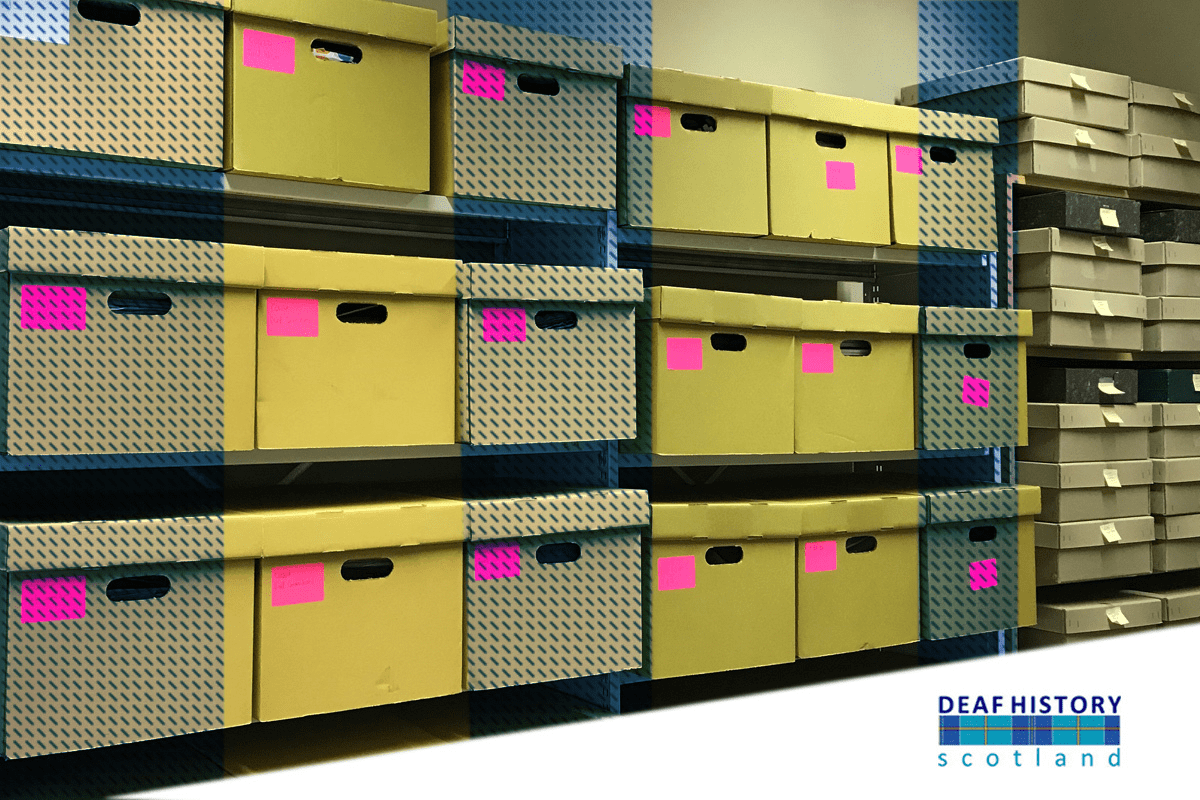 Deaf History Scotland archive boxes overlaid with yellow and blue tartan.