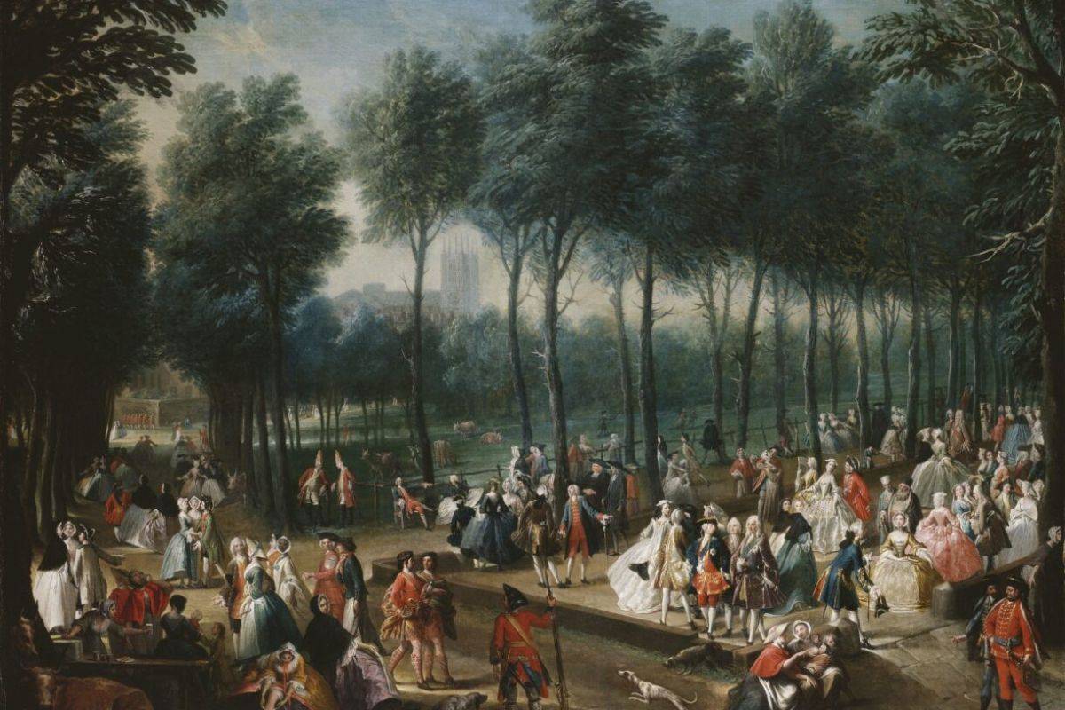 A painting of Georgians in a field. They are dressed in extravagant clothes, long coats and dressed. They are outside in a forest.