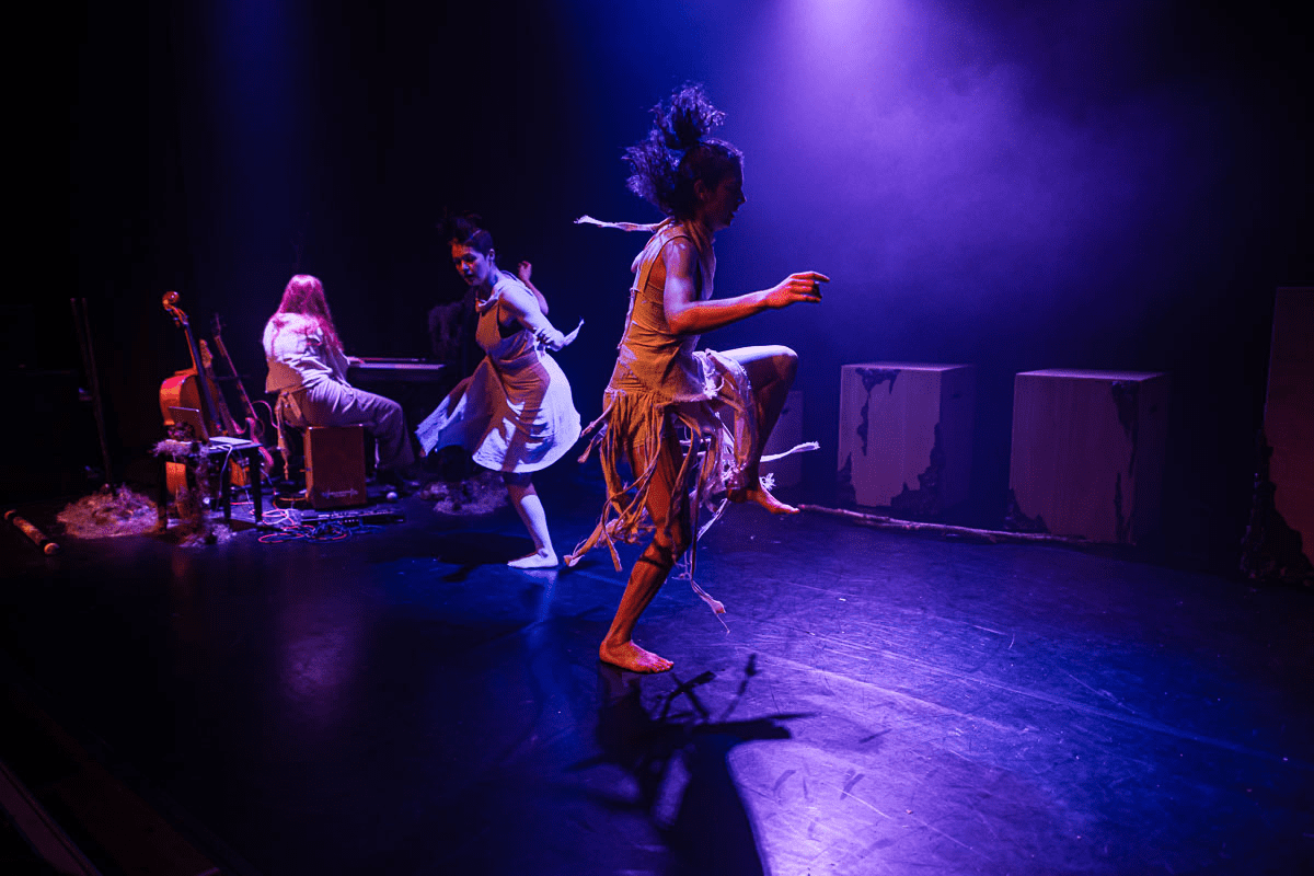 Cast from Listen to the Forest dancing on stage.