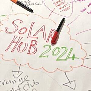 Handrwitten text reading 'Solar Hub 2024' in the centre of a brainstorming map with various elements connecting it.