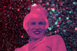 Deaf Drag Queeny poster. A person in drag dressed with a hat and wig.