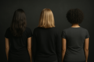 Three people with black t-shirts stand with their back to us.