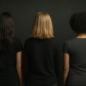 Three people with black t-shirts stand with their back to us.