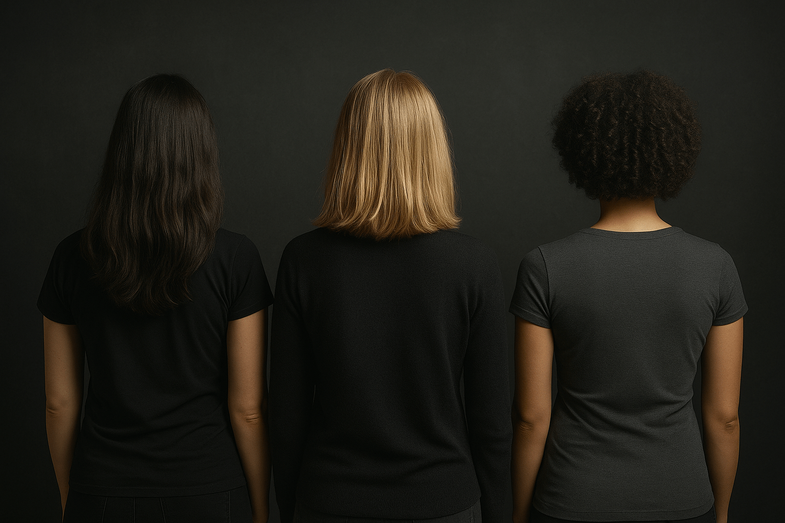 Three people with black t-shirts stand with their back to us.