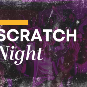 E-flyer for Scratch night. A purple photo of a crowd with overlayed text that reads "Scratch Night".