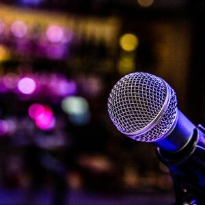 A microphone in front of a room